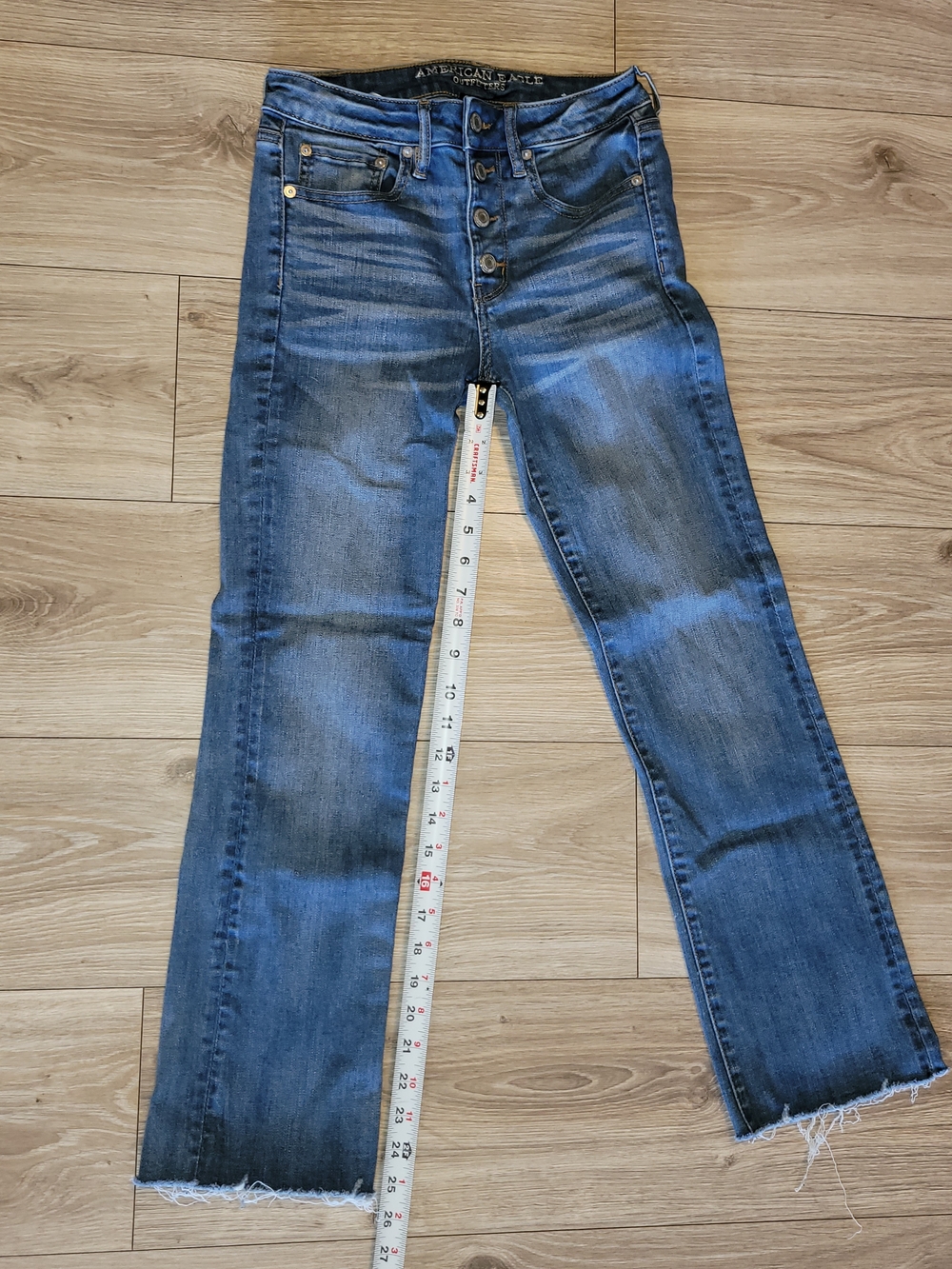 American Eagle Outfitters Crop Blue Flared Button-Fly Jeans